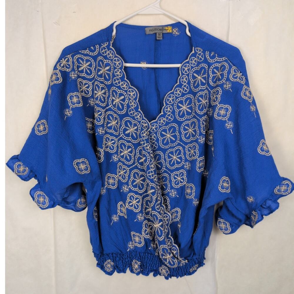 Figueroa and Flowers blue embroidered top Size Med Boho Cottagecore Retro